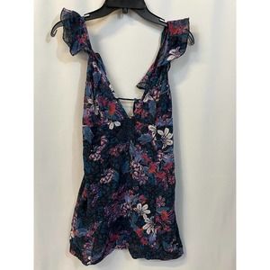 Free People Linen Floral Purple Blue Open Back Tie Ruffle Mini Dress Small